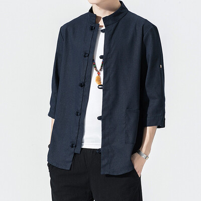 

Tailored Mens Summer Casual Pure Color Cotton Linen Three Quarter Sleeve Shirts Tops