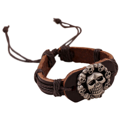 

High Quality New Fashion Men Punk Skull Head Braided Leather Handmade Bracelet Halloween Party Jewelry Accessories Gifts