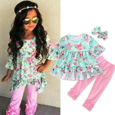 

Fashion Toddler Girls Kids Floral Tops Dress Pants Headband 3Pcs Outfits Set Clothes