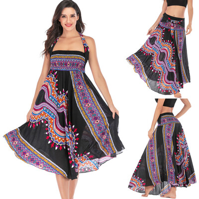 

Roseonmyhand Women Long Hippie Bohemian Gypsy Boho Flowers Elastic Waist Floral Halter Skirt