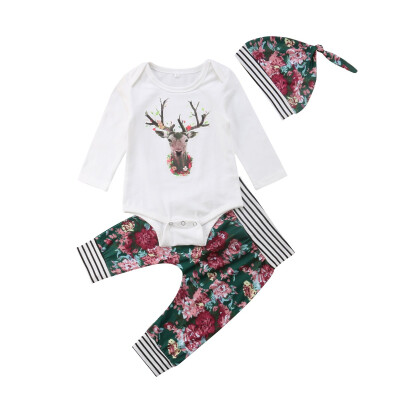 

Stylish Newborn Toddler Baby Boy Girl Deer Tops Romper Floral Pants Hat Outfit Set