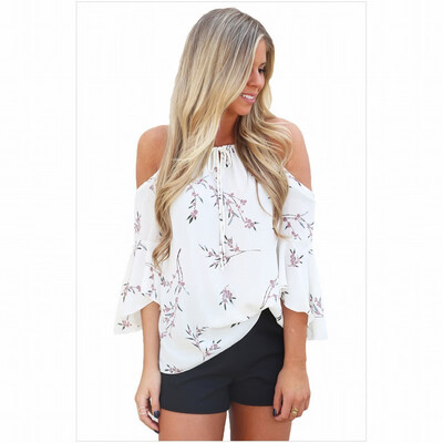 

Cropped sleeves floral print cold shoulder bohemian loose top