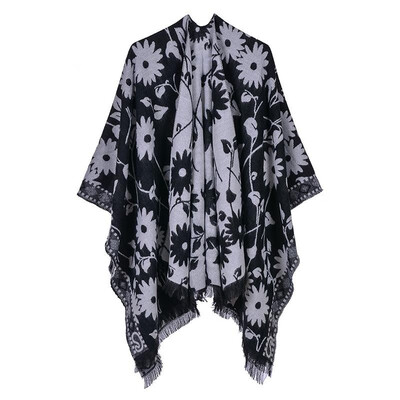

Women Poncho Cardigan Sweater Contrast Color Floral Print Cashmere Capes Shawl Scarf Outerwear