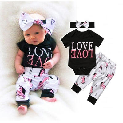 

Newborn Baby Girl Boy Romper Tops Long Pants Headband 3PCS Clothes Outfit Sets