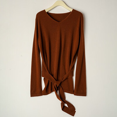 

Card&Geese cashmere sweater solid color v-neck new womens sweater short with simple belt 10541