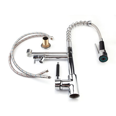 

Modern Commercial Brushed Double Lever Pull Out Sprayer Kitchen Faucet High Arch Spring Pull Down Kitchen Sink Faucet