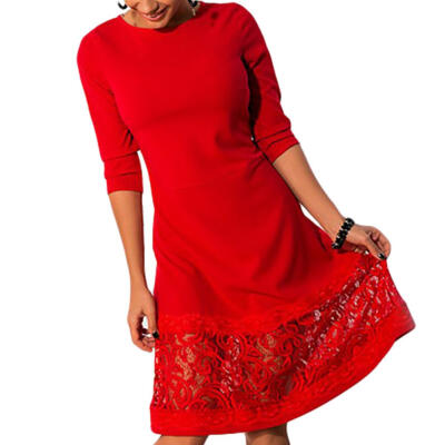 

Large Size Solid Color Slim Dress Women Hollowed Lace Round Neck Dresses