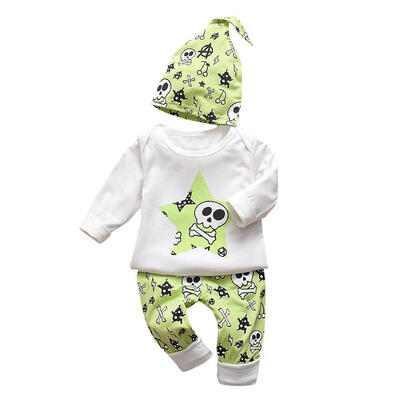 

3pcsset Baby Boy Girls Long Sleeve Skull TopsCotton PantsFloral Hat Suit