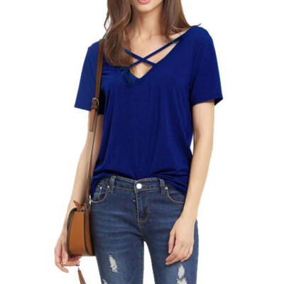 

Nomeni Women Short Sleeve V Neck Sexy Strap Solid Casual Basic T-Shirt Top Blouse BUL