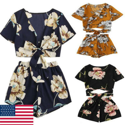 

US Summer Women Fashion 2 Piece Set Floral Crop Top Shorts Outfit Short Jumpsuit