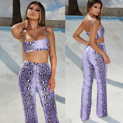 

Womens Ladies 2Pcs Snake Crop Tops Pants Co Ord Set Beach Party Suit Playsuit UK