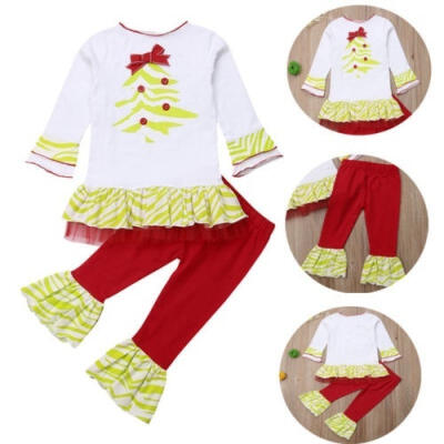 

2PCS Toddler Baby Kids Girls Christmas Clothes Set Cotton Long Sleeve Ruffle T-shirt TopPants Outfits Set