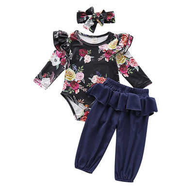 

Baby Girl Clothes Flower Long Sleeve Suit Infant Girls Babe Romper Trousers With Headband 3pcs Clothing Set