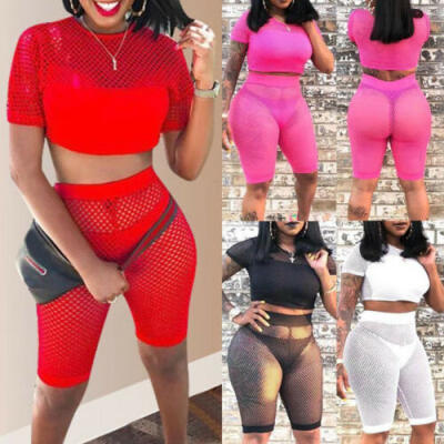 

Women 2 Piece Hollow Mesh Crop Top Shorts Set Jumpsuit Romper Short Sleeve UK