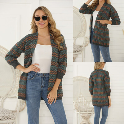 

〖Follure〗Women Casual V-Neck Pocket Patchwork long Sleeve Knitted Sweater Loose Cardigan