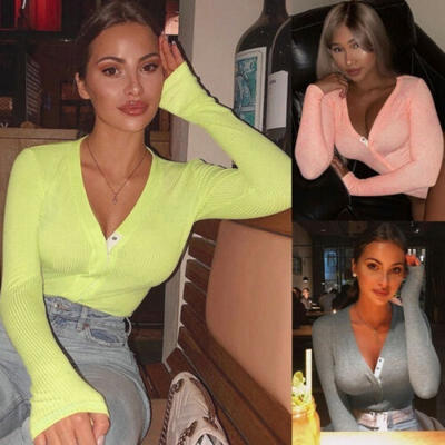 

Autumn Women Bodysuit Bodycon Jumpsuit Romper Deep V Neck Leotard Tops Blouse Playsuit Long Sleeve