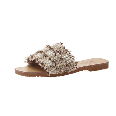 

Summer Korean pearl sandals with one-character sandals for outdoor wear holiday fashion pearl-string flat-heeled slippers