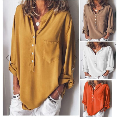 

Cross-border foreign trade European&American womens solid color long-sleeved shirt fashion loose V-neck shirt women yellow XX