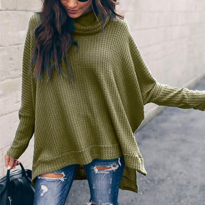 

Ladies Knitted Long Sleeve Baggy Sweater Turtleneck Irregular Hem Warm Pullover