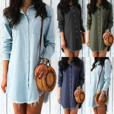 

Fashion Women Jeans Denim Pocket Long Sleeve Loose T Shirt Slim Skirt Mini Dress