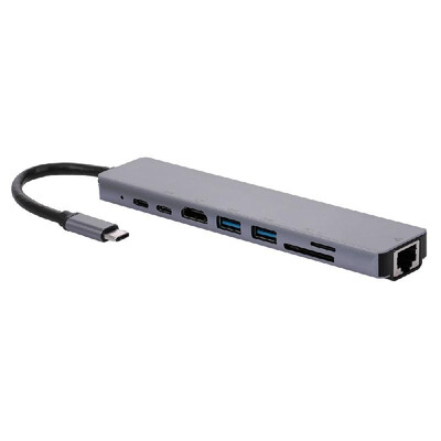 

8IN1 USB-C Multi-function Laptop Docking Station Converter Type-C to PDUSB2HDTVType-CSDTFRJ45 87W Adapter Grey