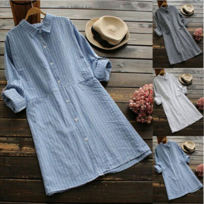 

Women Boho Stripe Long Sleeve Dress Cocktail Party Evening Summer Beach Sundress