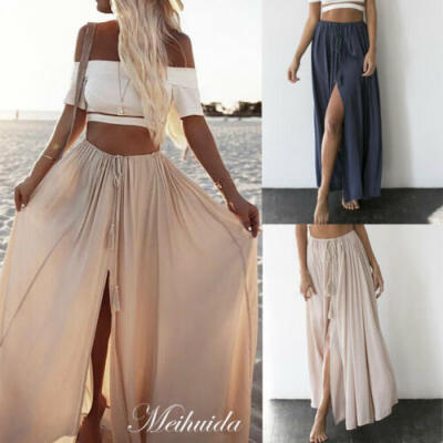 

Womens Casual Chiffon BOHO Ladies Solid Gypsy Long Maxi Full Skirt Sundress