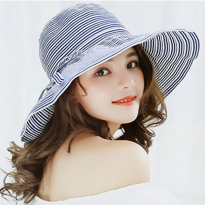 

New Summer Women Striped Cloth Sun Hat Foldable Large Brim Bow Decoration Beach Hat Cap