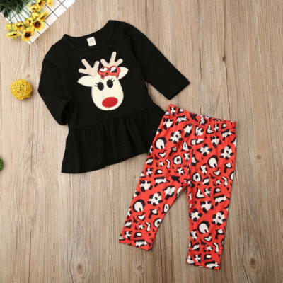 

US Christmas Newborn Kid Baby Girls Deer Tops T-shirtLong Pants Leggings Outfit