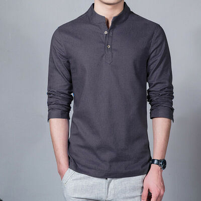 

Mens Summer Cotton Linen T Shirt Tops Casual Loose V Neck Long Sleeve Tee
