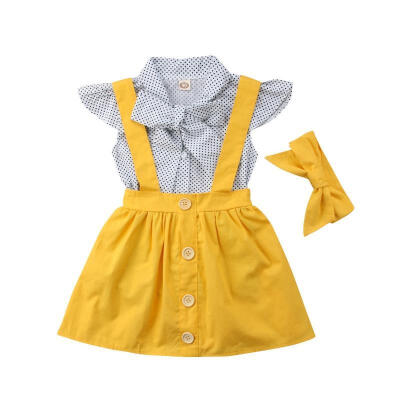 

Cute Baby Kids Girls Short Sleeve TopsSuspender Skirt Headband 3PCS Summer