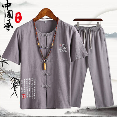 

Toponeto Mens Solid Color Printed Casual Loose Short-sleeved Cotton And Linen Set