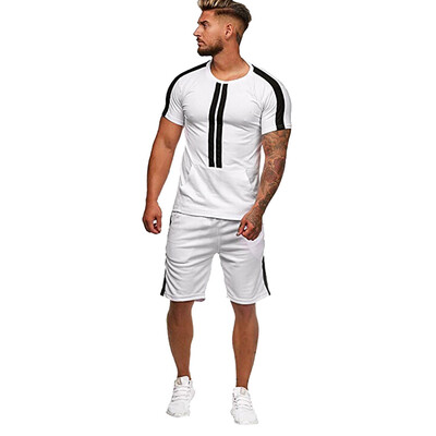 

Toponeto Mens Summer Leisure Stripe Color Collision Short Sleeve Shorts Sports Thin Sets