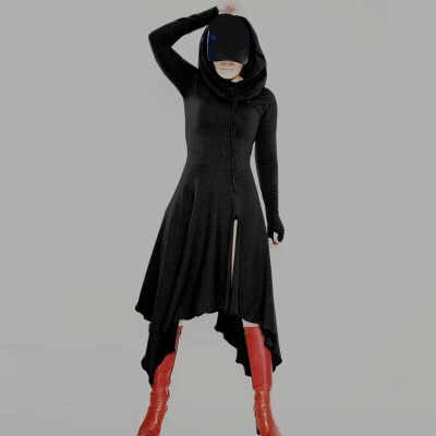 

Womens Solid Hooded Irregular Long Sleeve Gothic Punk Costume Cosplay Show Dress