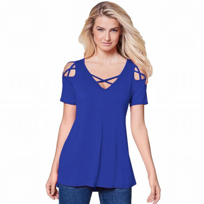 

Solid color V-neck short-sleeved shoulder cross ribbon casual shirt womens