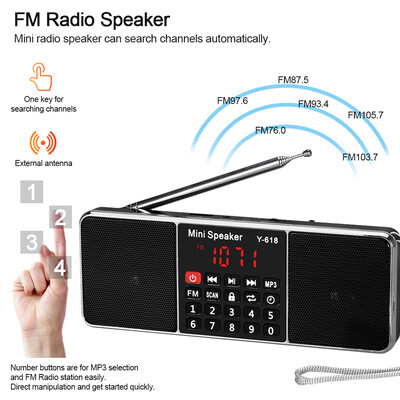 

Y-618 Mini FM Radio Digital Portable Dual 3W Stereo Speaker MP3 Audio Player High Fidelity Sound Quality w 2 Inch Display Screen