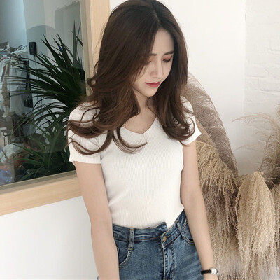 

Korean Version Summer Knitted Short Sleeved T-shirt Chic V Collar Solid Color Slim Simple Casual Tee Shirt