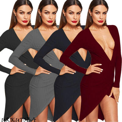 

New Sexy Womens Ladies Wrap V-neck Jumper Mini Dress Winter Bodycon Evening Party Dresses