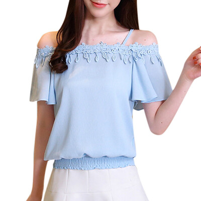 

Starmoon Women Casual Short Sleeve Slash Neck Lace Patchwork Crop Top