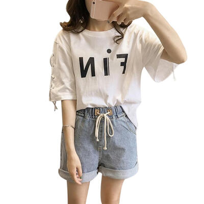 

Summer Casual Loose T-Shirt Women Letter Half Sleeve Lace Up O Neck Tees
