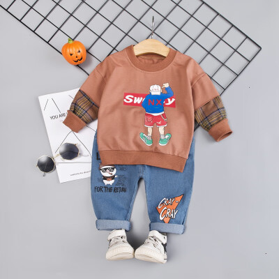 

Autumn Baby Boys Long Sleeve Cartoon Print Sweatshirt TopsDenim Pants Trouser Costume Set