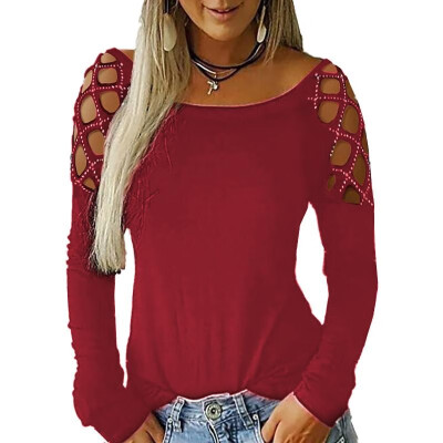 

Women Plus Size T-shirt Solid Color Rhinestone Hollow Out Long Sleeve Sexy Hot Party Wear Tee Tops