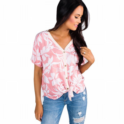 

V-neck short-sleeved single-breasted printed hem knotted Bohemian ladies top