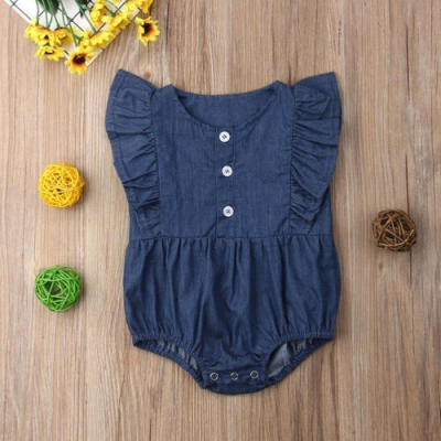 

Cute Infant Baby Girls Ruffle Denim Romper Bodysuit Playsuit Sunsuit Outfit Babygrows