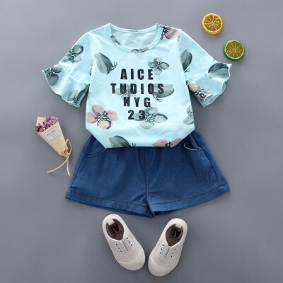 

Baby Girl Clothes Floral Letter Butterfly Short Sleeve Shorts Two-Piece Set Children Clothes