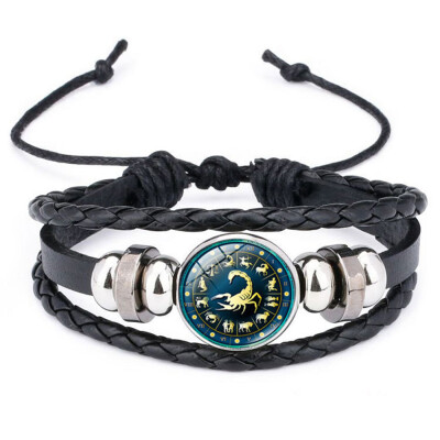 

Bracelets Womens Mens 12 Constellations Vintage Alloy Time Stone Zodiac Signs Beaded Pu Woven Leather Fashion Punk Bracelet