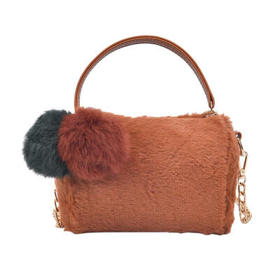 

Women Faux Fur Fluffy Ball Chain Cylinder Shape Messenger Bag Shoulder Bag