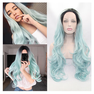 

〖Follure〗Womens Fashion Front Lace Wig Blue Synthetic Hair Long Wigs Wave Curly Wig