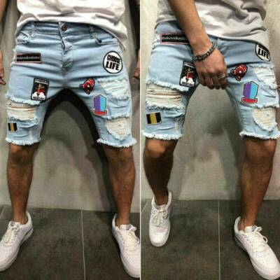 

Mens Ripped Jeans Skinny Shorts Jeans Destroyed Frayed Denim Pant Biker Jeans