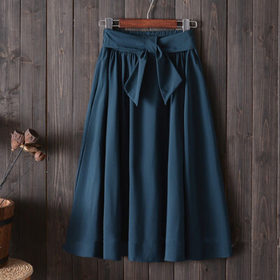 

Women Summer Stretch High Waist A-line Skirt Bow Tie Pleated Midi Skirt Dresses